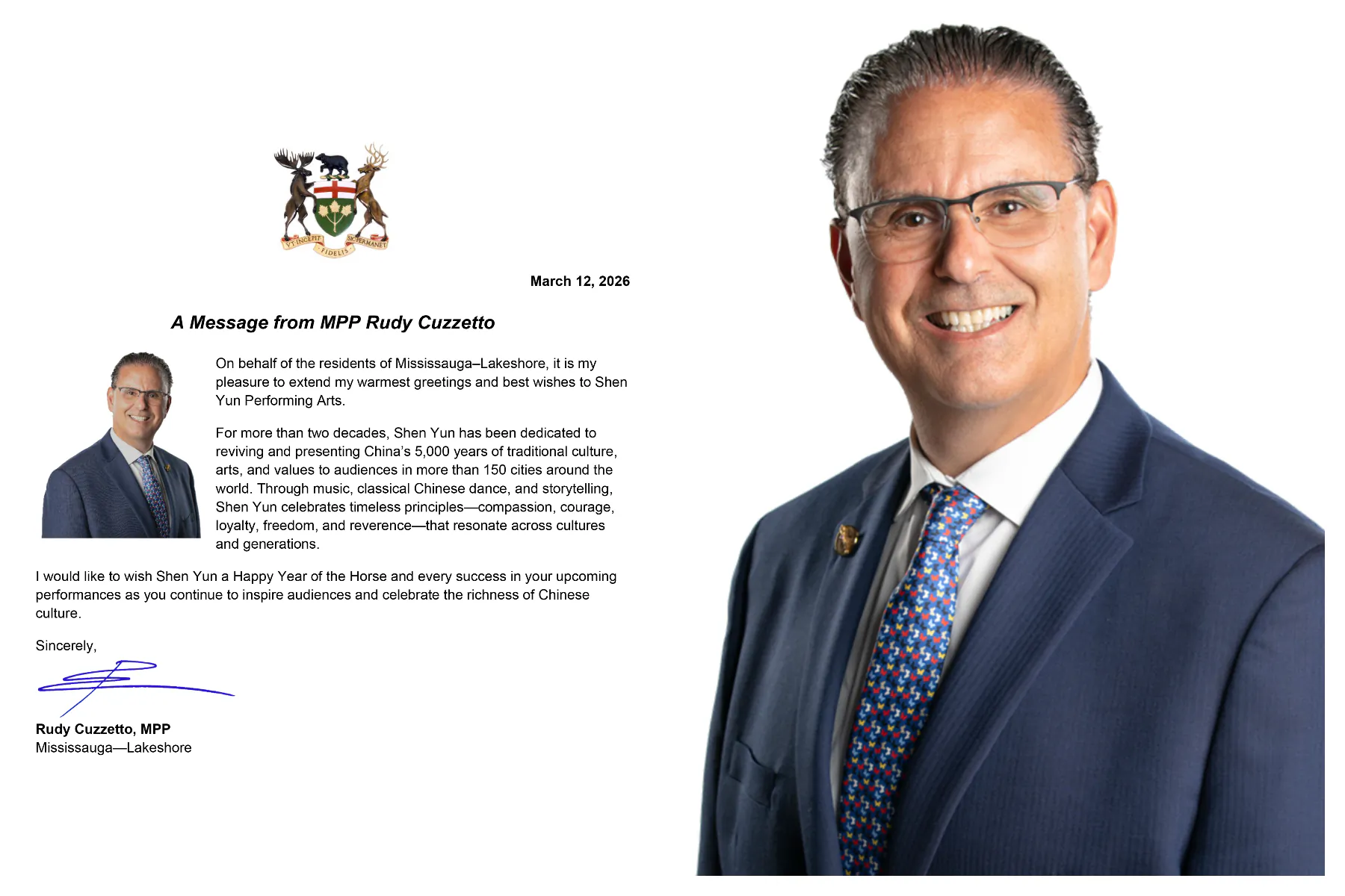 MPP Rudy Cuzzetto's letter to Shen Yun Performing Arts ahead of its 2026 Mississauga performances.
