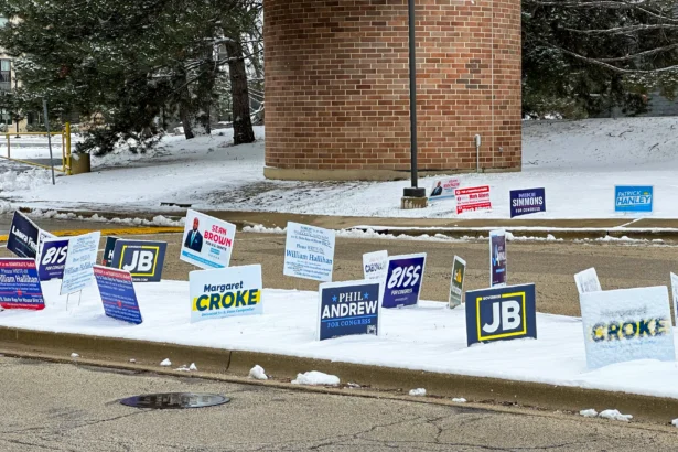 Campaign signs outside the Skokie Courthouse in Skokie, Illinois. (Jackson Richman/The Epoch Times)
