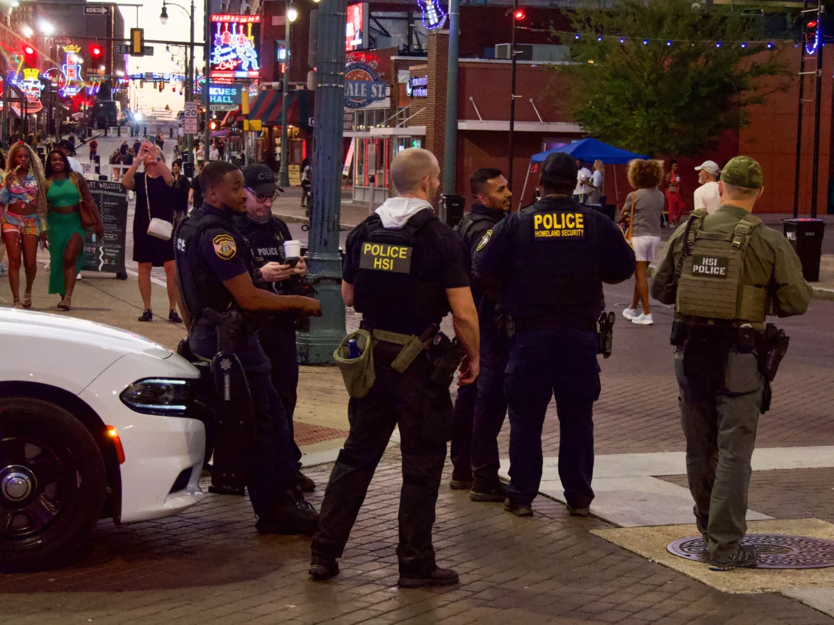 Police and Homeland Security agents patrol Beale Street in Memphis, Tenn., on Oct. 5, 2025. (Travis Gillmore/The Epoch Times)