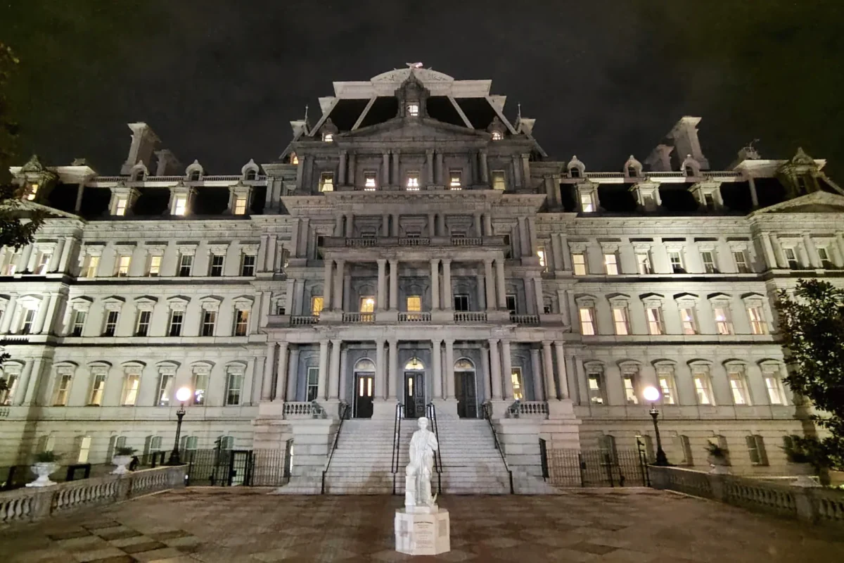 A statue of Christopher Columbus standing in front of the Eisenhower Executive Office Building in Washington on March 22, 2026. (Will Hemsley via AP)