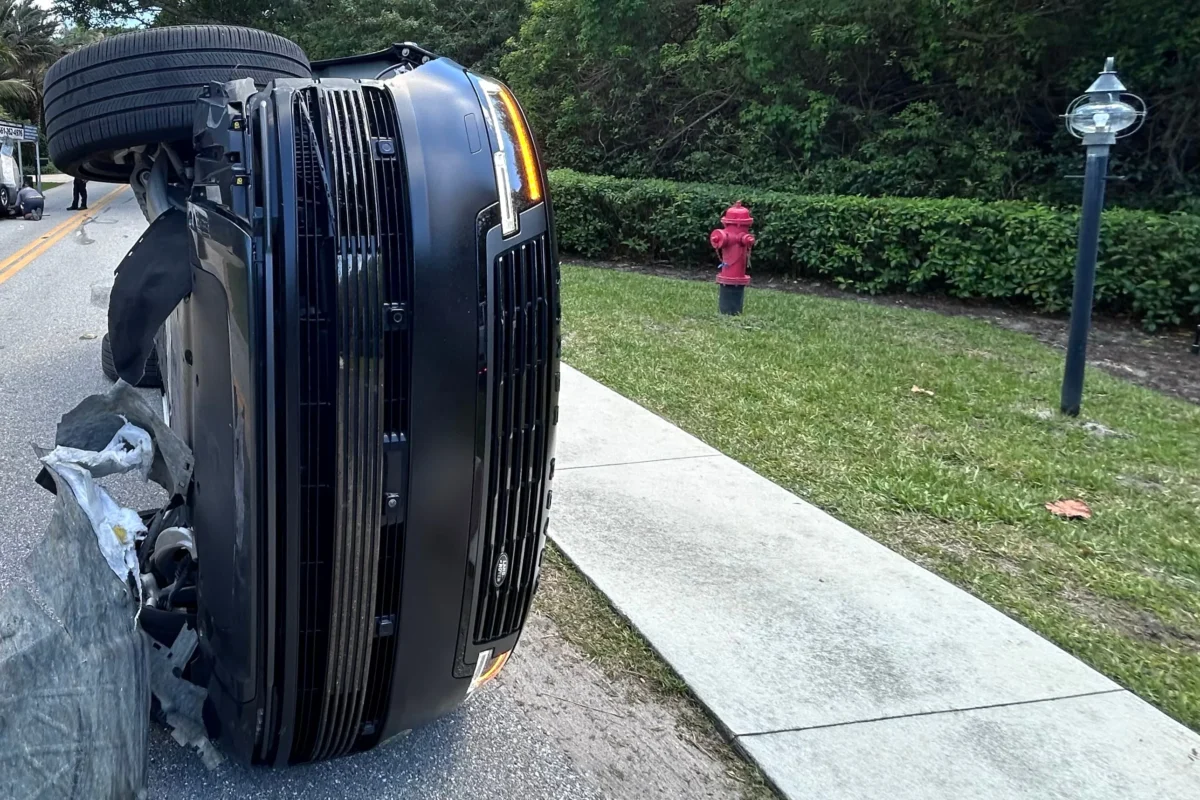 The overturned vehicle in a rollover crash which involved Tiger Woods in Jupiter Island, Fla., on March 27, 2026. (Martin County Sheriff's Office via AP)