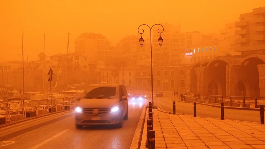 Greek Island of Crete Immersed in Orange Saharan Dust