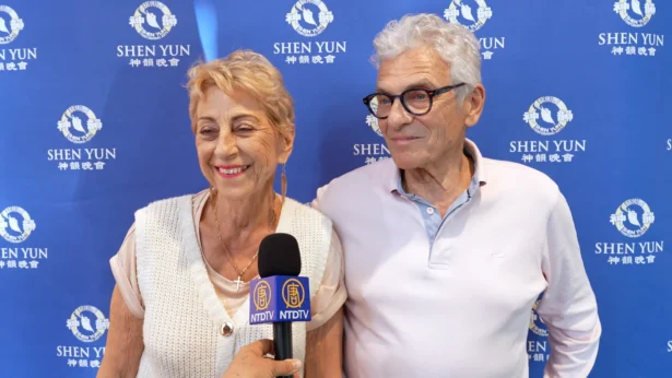 Anne-Marie and Jacques Pontin, a former sales representative and a physical therapist, attend Shen Yun in Lyon on April 8, 2026. (NTD)