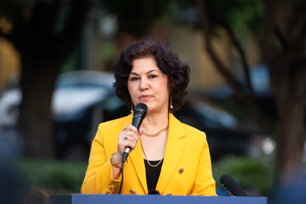 Campaign for Uyghurs founder Rushan Abbas speaks during an event commemorating Tiananmen Square Massacre that happened in China on June 4, 1989, at the Victims of Communism Memorial in Washington on June 4, 2025. (Madalina Vasiliu/The Epoch Times)