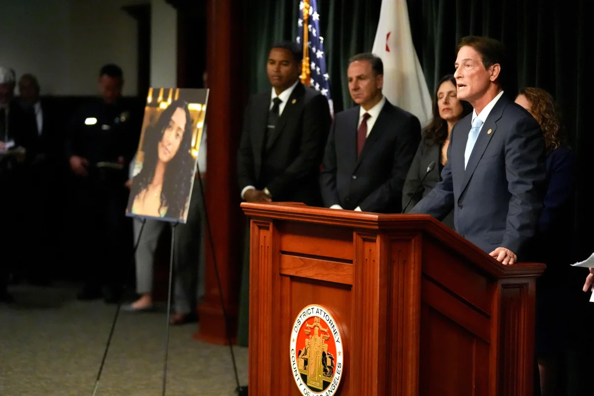 Los Angeles District Attorney Nathan Hochman answers questions in Los Angeles on April 20, 2026, regarding the case of singer D4vd, who was charged on suspicion of killing a 14-year-old girl whose dismembered body was found in his car. (Damian Dovarganes/AP Photo)