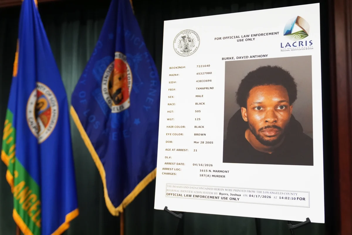 A mugshot of David Anthony Burke, whose stage name is D4vd, is displayed in Los Angeles on April 20, 2026. (Damian Dovarganes/AP)
