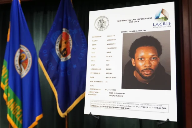 A mugshot of David Anthony Burke, whose stage name is D4vd, is displayed in Los Angeles on April 20, 2026. (Damian Dovarganes/AP)