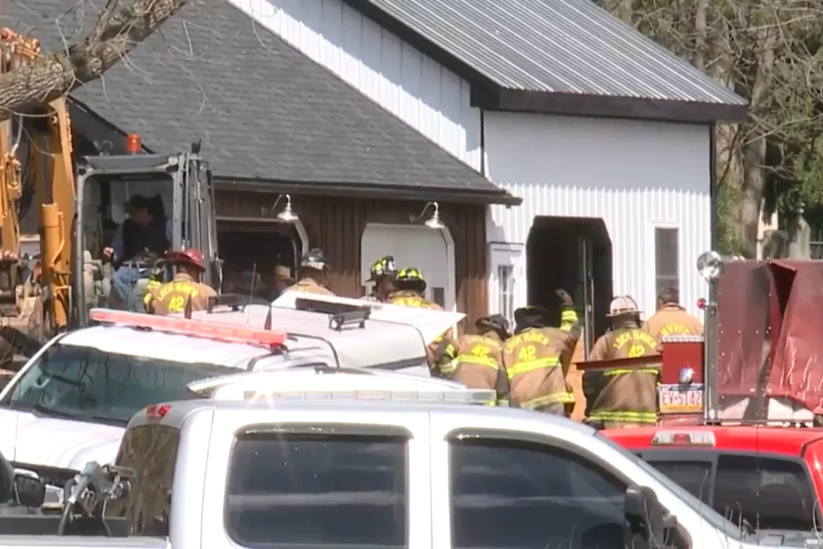 First responders at the scene of an explosion and fire in Lamar Township near Mill Hall, Pa., on April 19, 2026. (WNEP via AP)