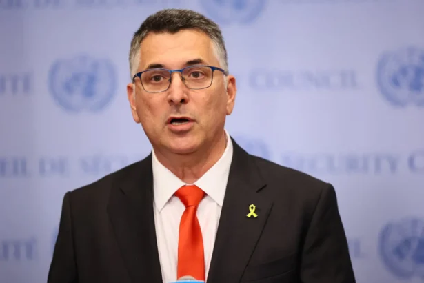 Gideon Sa'ar, Israel's minister of foreign affairs, speaks during a press conference at the U.N. headquarters in New York on Aug. 5, 2025. (Michael M. Santiago/Getty Images)