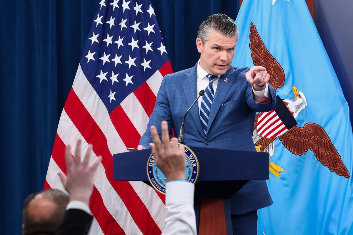 Secretary of War Pete Hegseth holds a news briefing in the Pentagon Press briefing room, at the Pentagon in Arlington, Va., on April 8, 2026. (Kevin Lamarque/Reuters)