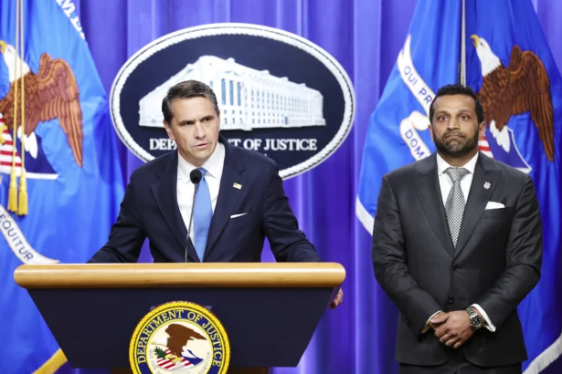 Acting Attorney General Todd Blanche (L) speaks alongside FBI Director Kash Patel during a news conference at the at the Robert F. Kennedy Department of Justice building in Washington on April 21, 2026. (Anna Moneymaker/Getty Images)