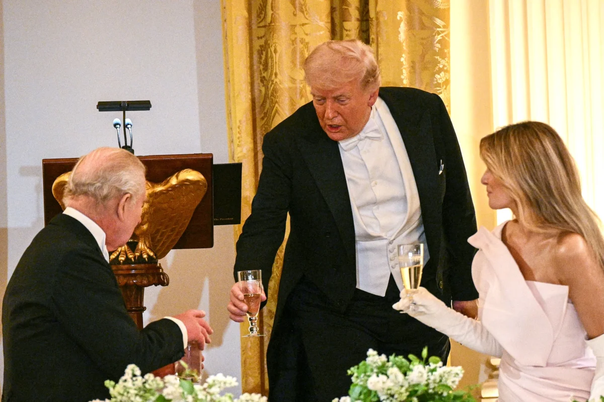 President Donald Trump toasts with Britain's King Charles III and First Lady Melania Trump during a State Dinner in the East Room of the White House in Washington on April 28, 2026. (Brendan Smialowski/AFP via Getty Images)