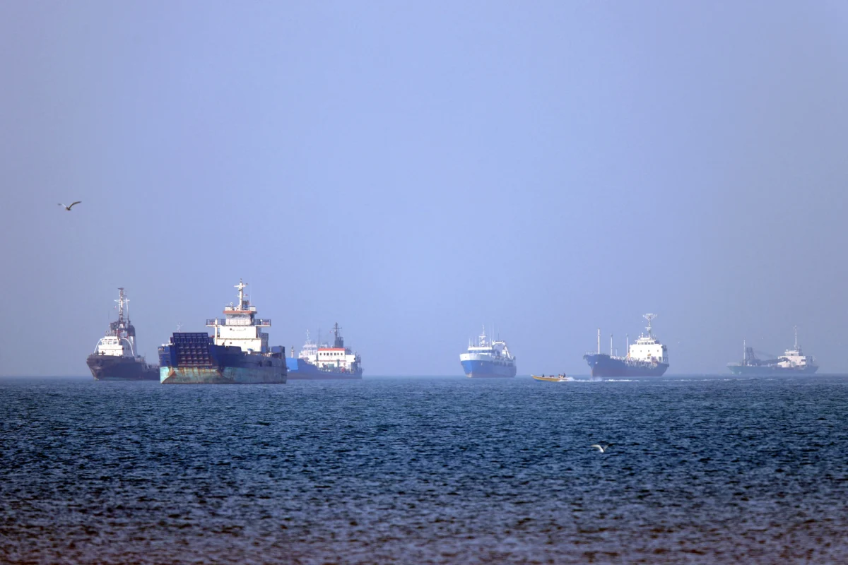 In this picture obtained from Iran's ISNA news agency on May 4, 2026, vessels are pictured anchored in the Strait of Hormuz off Bandar Abbas in southern Iran. (Amirhossein Khorgooei/ISNA/AFP via Getty Images)