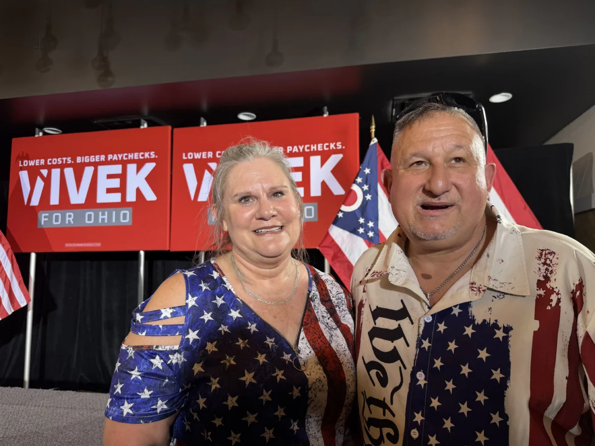 Julie Hall, 56, and Sean Chansler, 55, both of Dayton, Ohio, after an event where their favored candidate, Vivek Ramaswamy, spoke near Columbus on May 4, 2026. (Janice Hisle/The Epoch Times)
