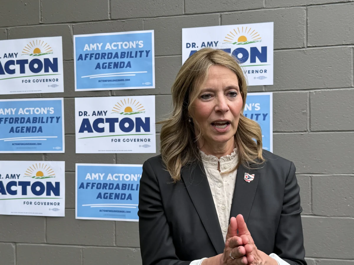 Dr. Amy Acton, the former Ohio health director who is running as a Democrat for governor of Ohio, speaks to reporters at an event in Columbus on May 4, 2026. (Janice Hisle/The Epoch Times)