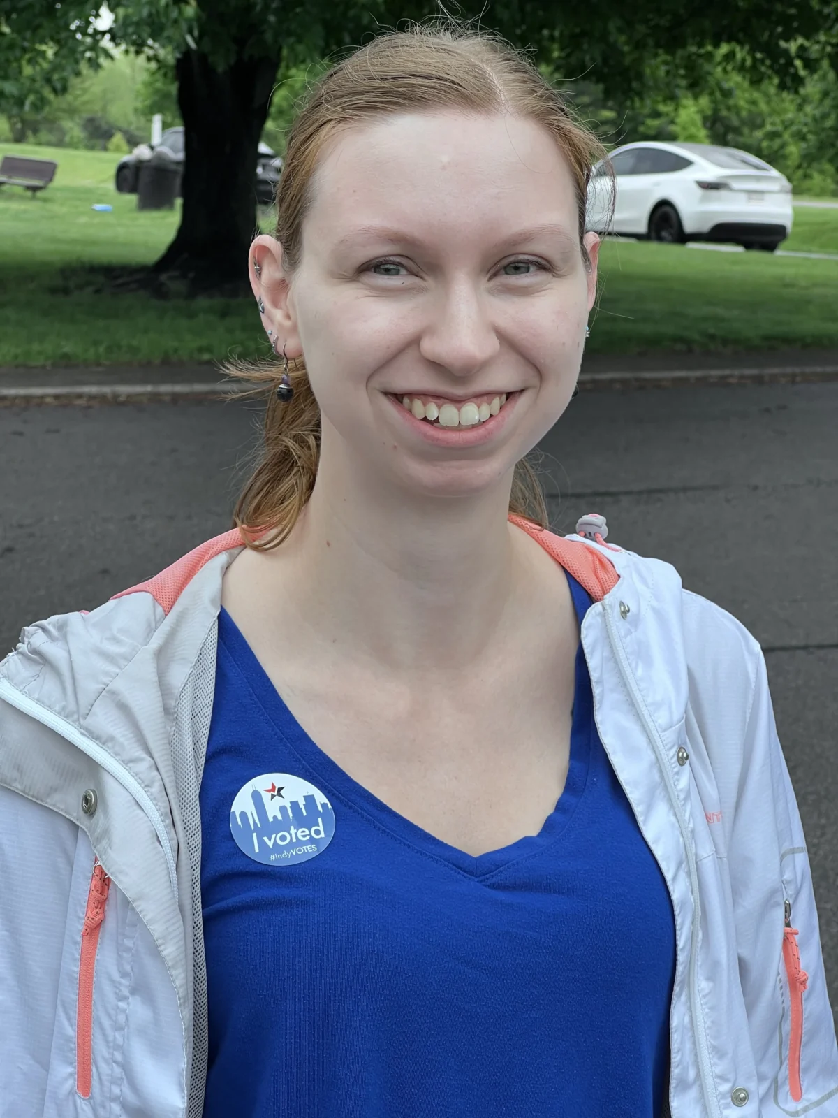 Robin Jedlicka appears at a polling place in Indianapolis on May 5, 2026. (Lawrence Wilson/Epoch Times)
