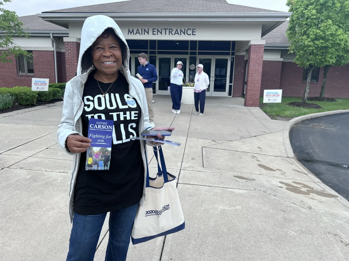 Fatima, a supporter of Rep. André Carson (D-Ind.), appears at a polling place in Indianapolis on May 5, 2026. (Lawrence Wilson/The Epoch Times)