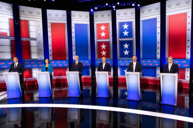 Antonio Villaraigosa, Katie Porter, Tom Steyer, Steve Hilton, Chad Bianco and Xavier Becerra participate in a California gubernatorial debate hosted by CNN at East Los Angeles College in Monterey Park, Calif., on May 5, 2026. (Ethan Swope/AP Photo)