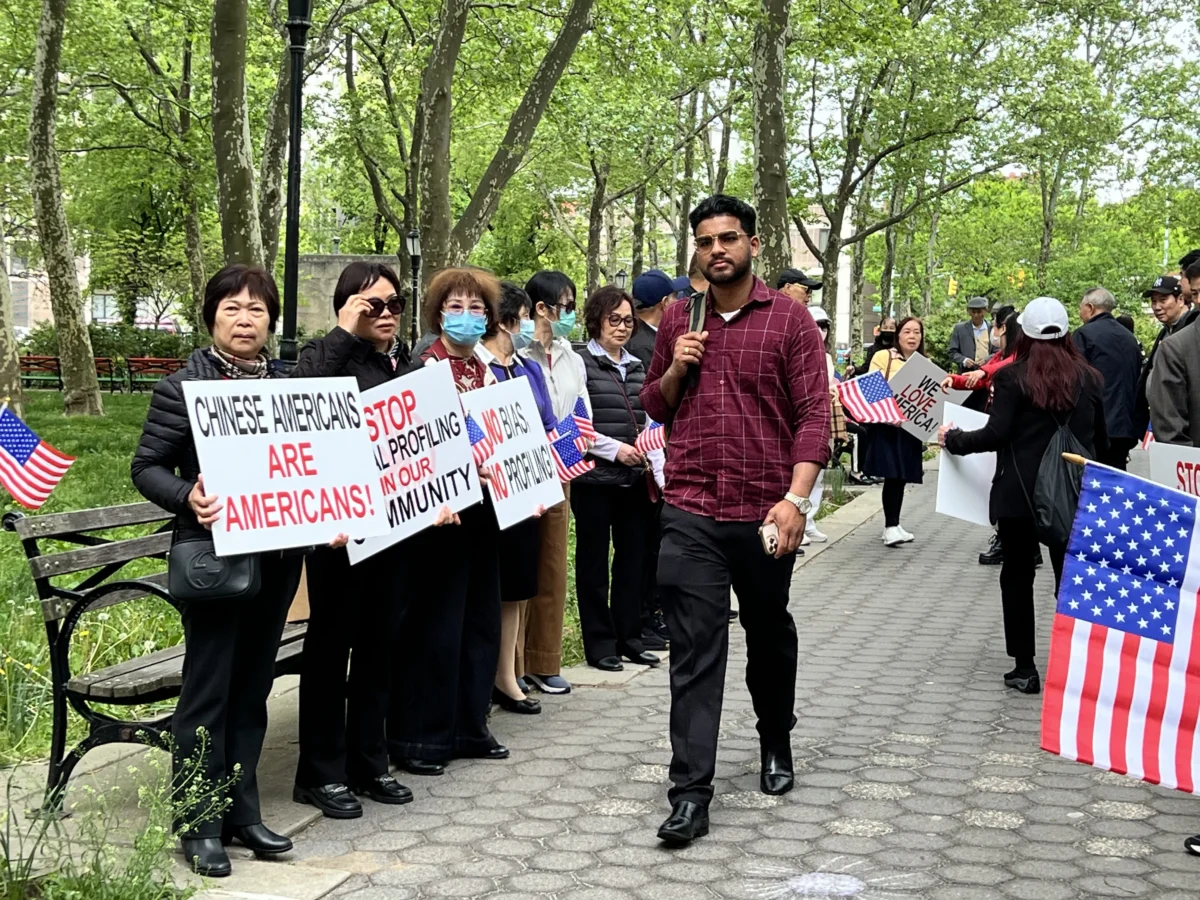 Supporters of Lu Jianwang, who is accused of working with the Chinese regime to establish a police station in New York City line up outside the U.S. District Court for the Eastern District, May 6, 2026. Prosecutors said they were concerned supporters were trying to send a message to jurors. (Hannah Cai/The Epoch Times)