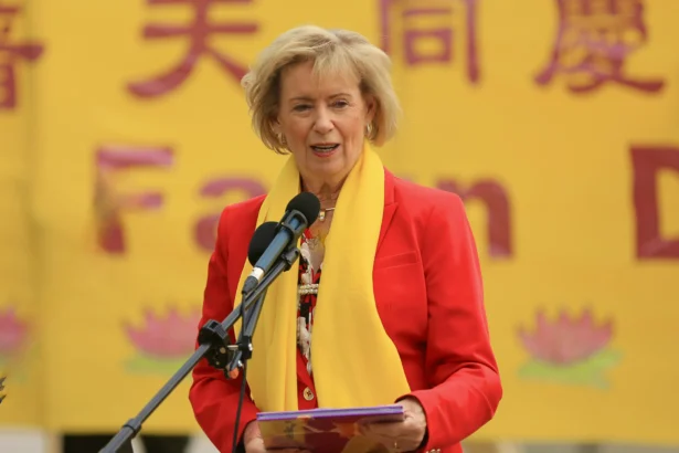 Liberal MP Judy Sgro celebrates the World Falun Dafa Day on Parliament Hill, Ottawa, on May 5, 2026. (Jonathan Ren/The Epoch Times)