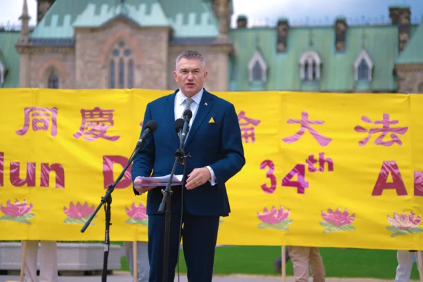 Conservative MP James Bezan celebrates World Falun Dafa Day on Parliament Hill in Ottawa on May 5, 2026. (Evan Ning/The Epoch Times)