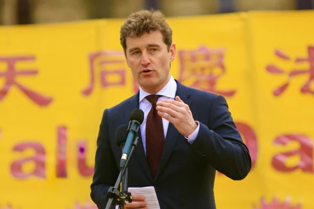 Liberal MP Yvan Baker celebrates World Falun Dafa Day on Parliament Hill in Ottawa on May 5, 2026. (Jonathan Ren/The Epoch Times)