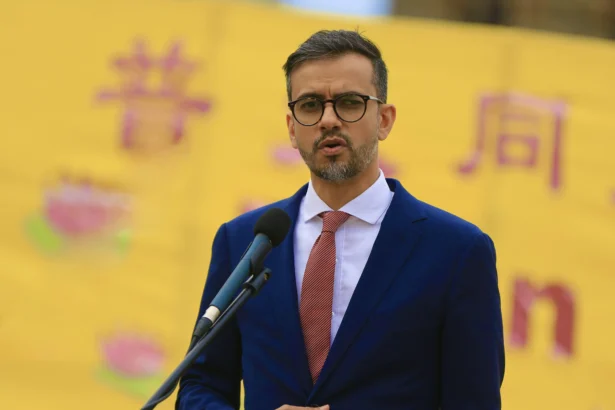 Liberal MP Sameer Zuberi celebrates World Falun Dafa Day on Parliament Hill in Ottawa on May 5, 2026. (Jonathan Ren/The Epoch Times)