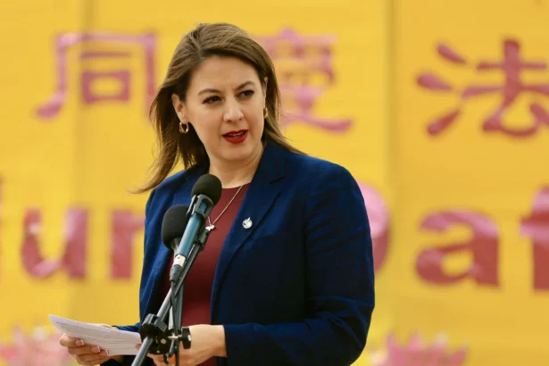 Conservative MP Sandra Cobena celebrates the World Falun Dafa Day on Parliament Hill, Ottawa, on May 5, 2026. (Jonathan Ren/The Epoch Times)
