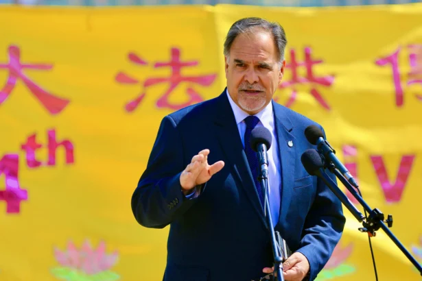 Conservative MP Fred Davies celebrates World Falun Dafa Day on Parliament Hill in Ottawa on May 5, 2026. (Jonathan Ren/The Epoch Times)