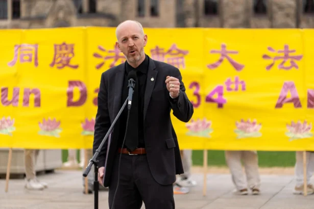 Conservative MP Michael Guglielmin celebrates World Falun Dafa Day on Parliament Hill in Ottawa on May 5, 2026. (Jonathan Ren/The Epoch Times)