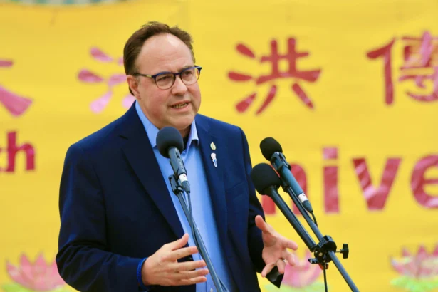 Conservative MP Dan Muys celebrates World Falun Dafa Day on Parliament Hill in Ottawa on May 5, 2026. (Jonathan Ren/The Epoch Times)