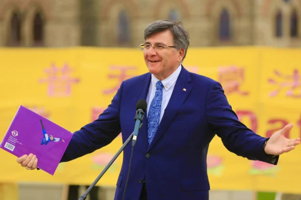 Conservative MP Costas Menegakis celebrates World Falun Dafa Day on Parliament Hill in Ottawa on May 5, 2026. (Jonathan Ren/The Epoch Times)