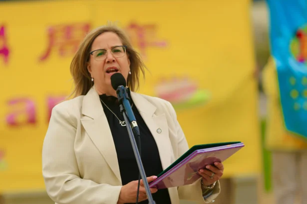 Conservative MP Connie Cody celebrates World Falun Dafa Day on Parliament Hill in Ottawa on May 5, 2026. (Jonathan Ren/The Epoch Times)