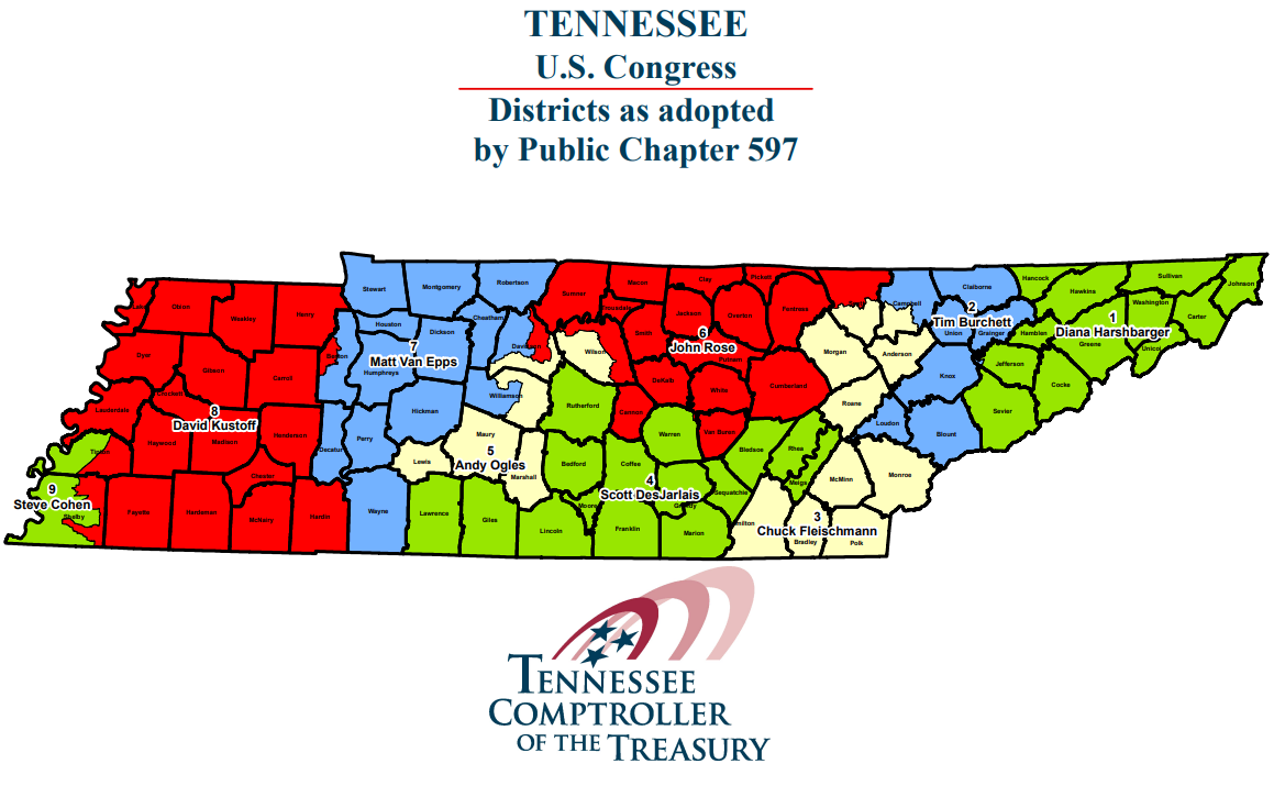 The U.S. congressional map in Tennessee as of May 6, 2026. (Tennessee Comptroller of the Treasury)