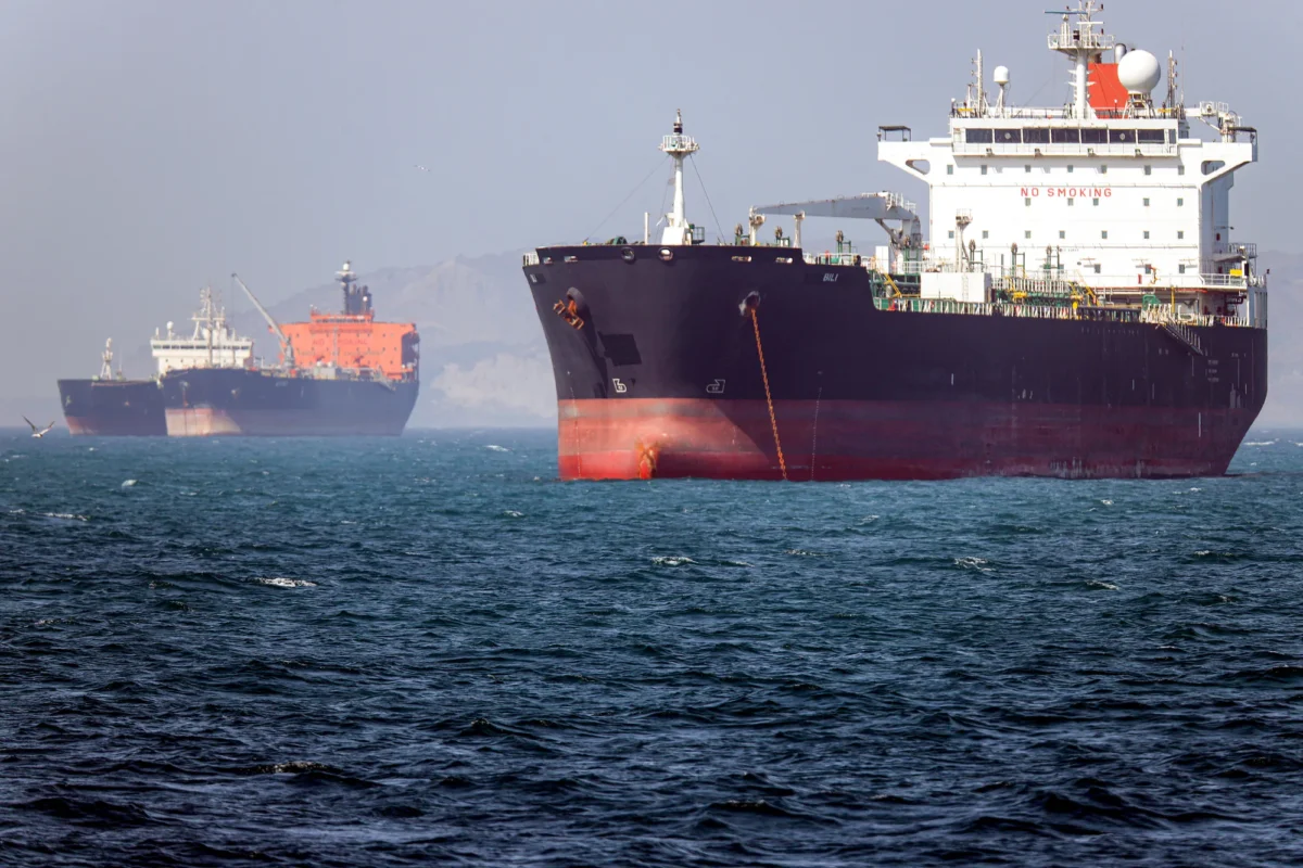 The Gambia-flagged tanker vessel Bili is anchored in the Strait of Hormuz off Bandar Abbas in southern Iran on May 2, 2026. (Amirhossein Khorgooei /ISNA/AFP via Getty Images)