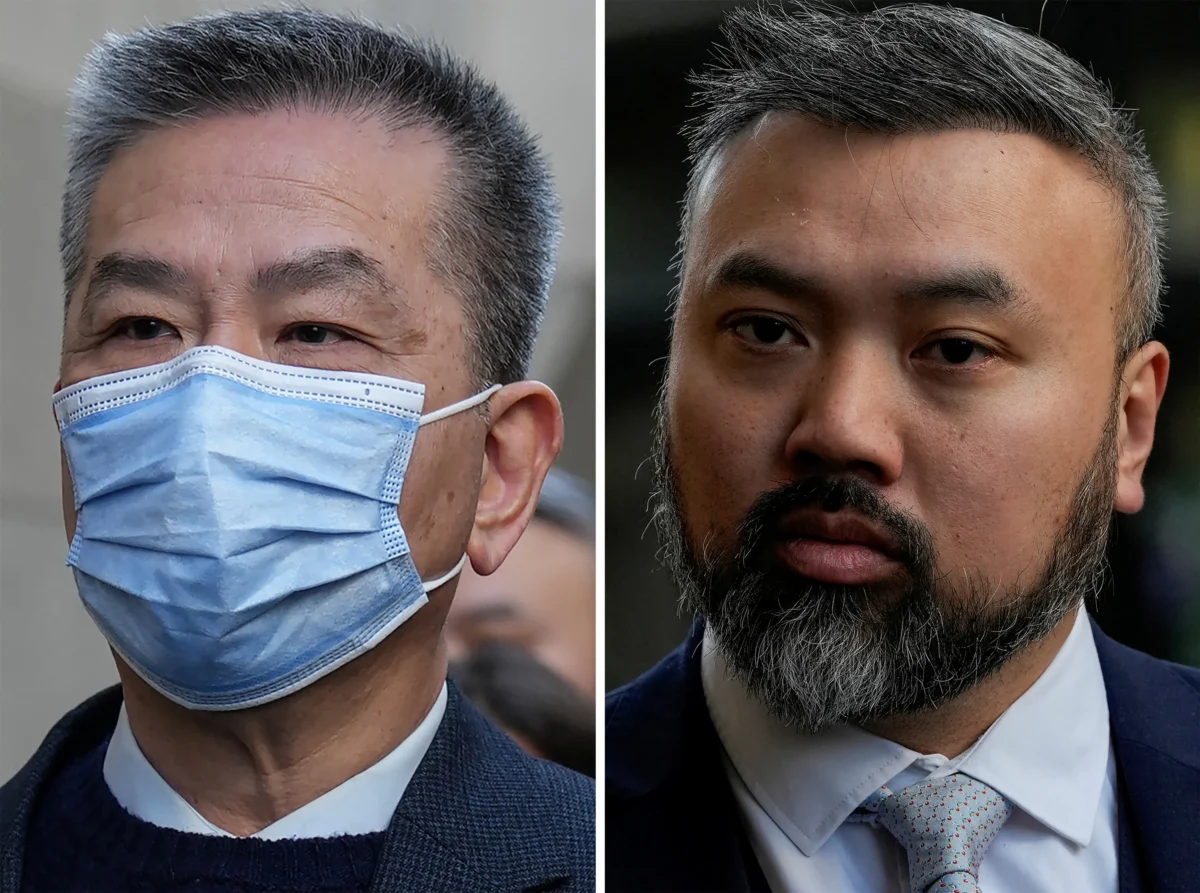 (Left) Bill Yuen Chung Biu arrives ahead of his trial at the Old Bailey in central London on May 7, 2026. (Right) Peter Wai Chi Leung arrives ahead of his trial at the Old Bailey in central London on March 2, 2026. (Carlos Jasso/AFP via Getty Images)