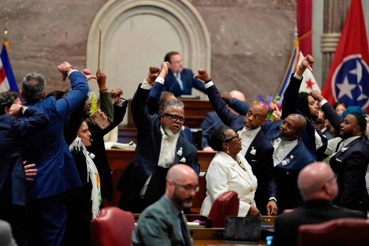 House Democrats gesture on the chamber floor as they vote against a bill to redraw U.S. Congressional voting maps during a special session of the state legislature in Nashville, Tenn., on May 7, 2026. (George Walker IV/AP Photo)