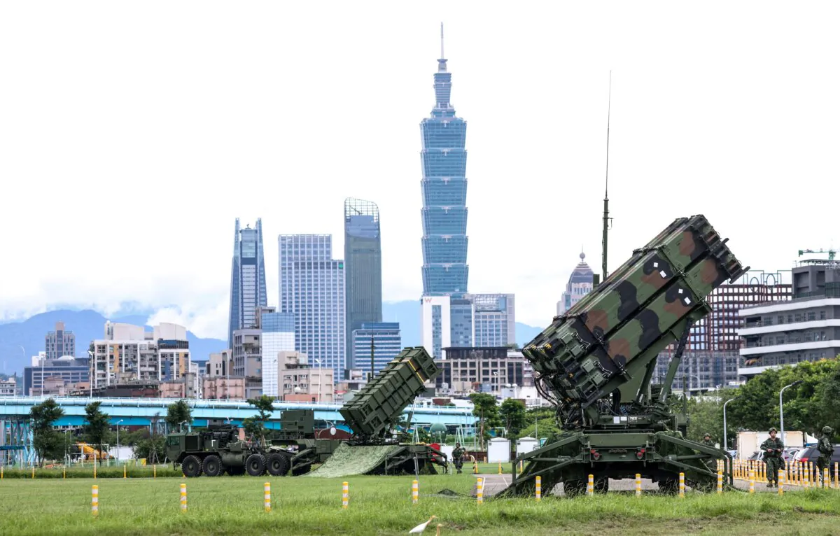 Air Force Patriot missile systems are deployed at a local park during Taiwan's annual Han Kuang military exercise in Taipei on July 11, 2025. (I-Hwa Cheng/AFP via Getty Images)