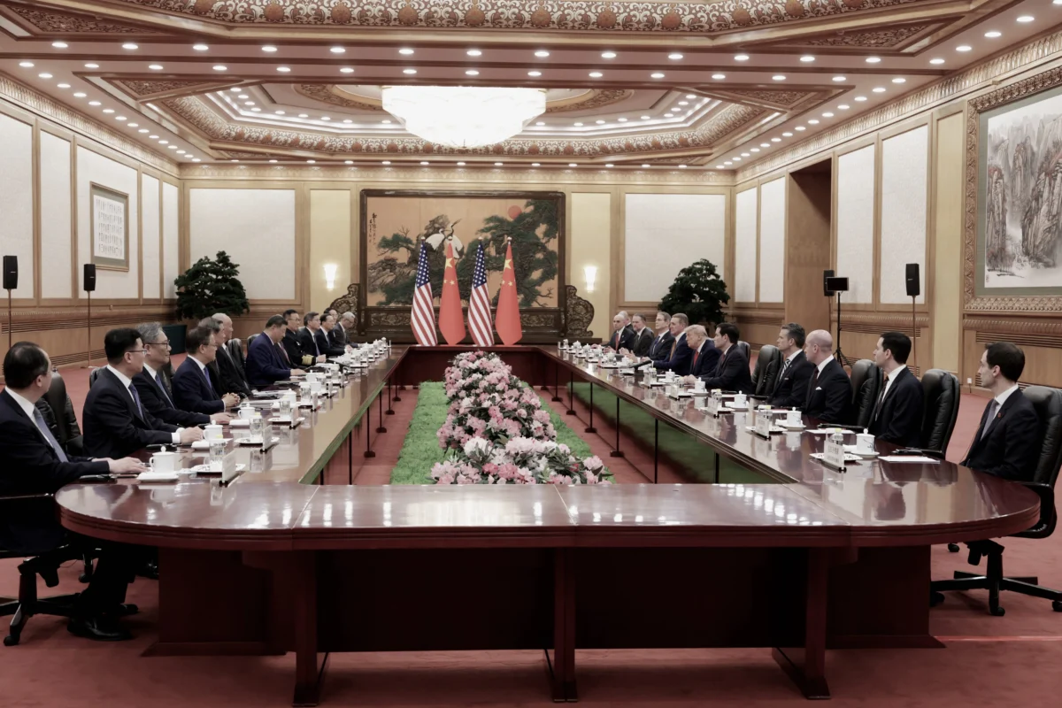 U.S. President Donald Trump and Chinese leader Xi Jinping attend a bilateral meeting in Beijing on May 14, 2026. (Alex Wong/Getty Images)