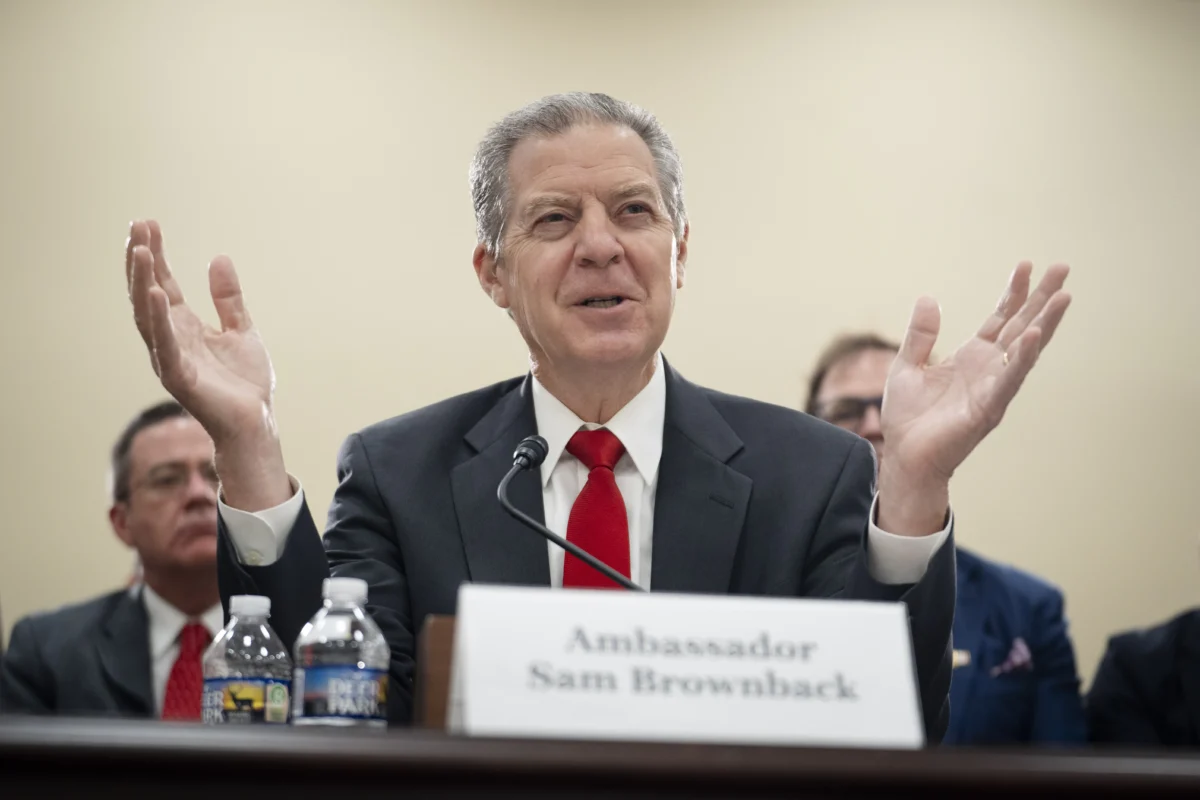 Amb. Sam Brownback, former U.S. Ambassador-at-Large of International Religious Freedom, testifies before the Congressional-Executive Commission on China on Capitol Hill in Washington on May 14, 2026. (Madalina Kilroy/The Epoch Times)