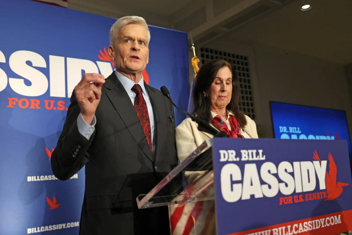 Sen. Bill Cassidy (R-La.), with his wife Dr. Laura Cassidy by his side, addresses his supporters as he concedes his primary election contest during an event at Boudreaux's Caterers in Baton Rouge, La., on May 16, 2026. (Michael DeMocker/Getty Images)