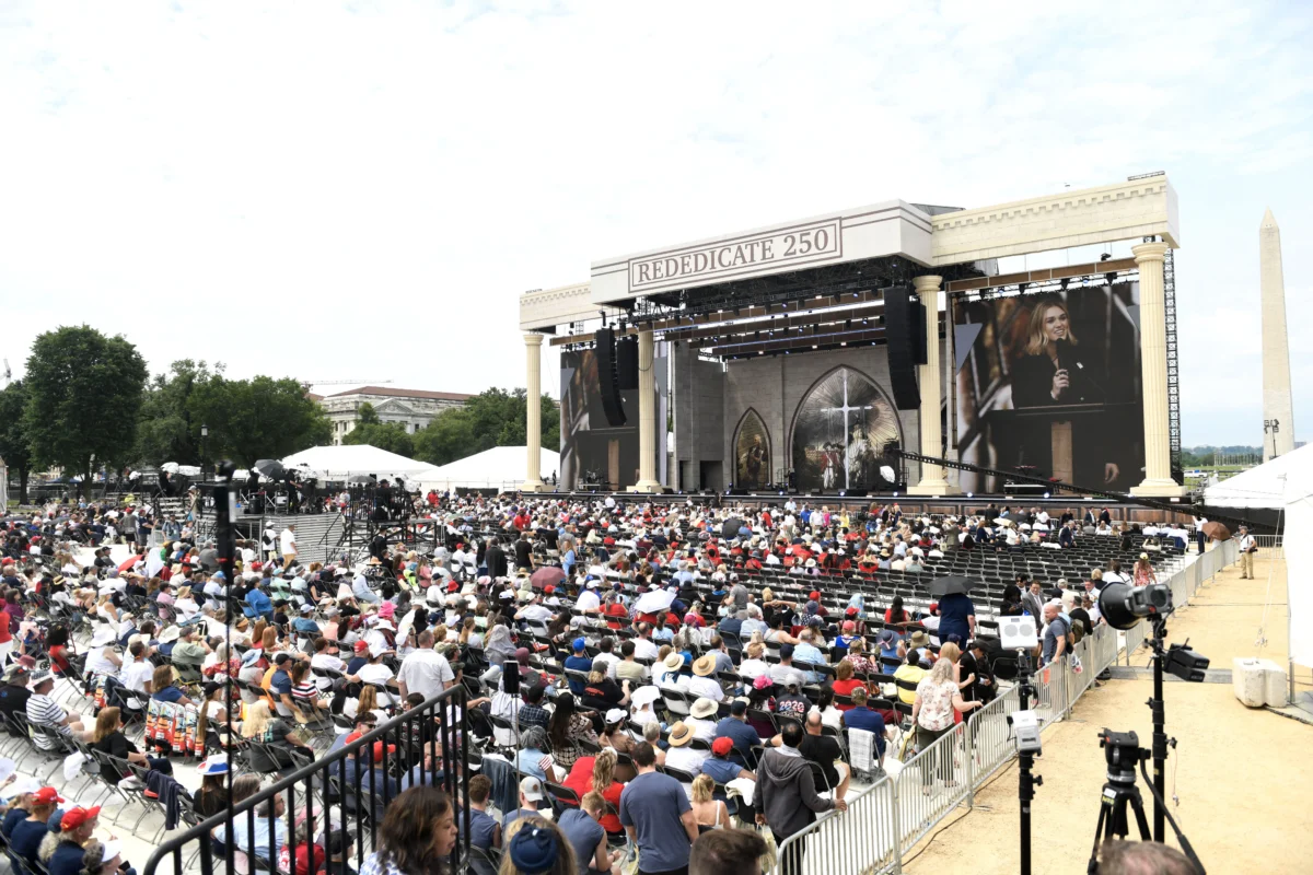 Attendees pray and celebrate during "Rededicate 250: A National Jubilee of Prayer, Praise and Thanksgiving" on the National Mall in Washington on May 17, 2026. (Matthew Hatcher/AFP via Getty Images)