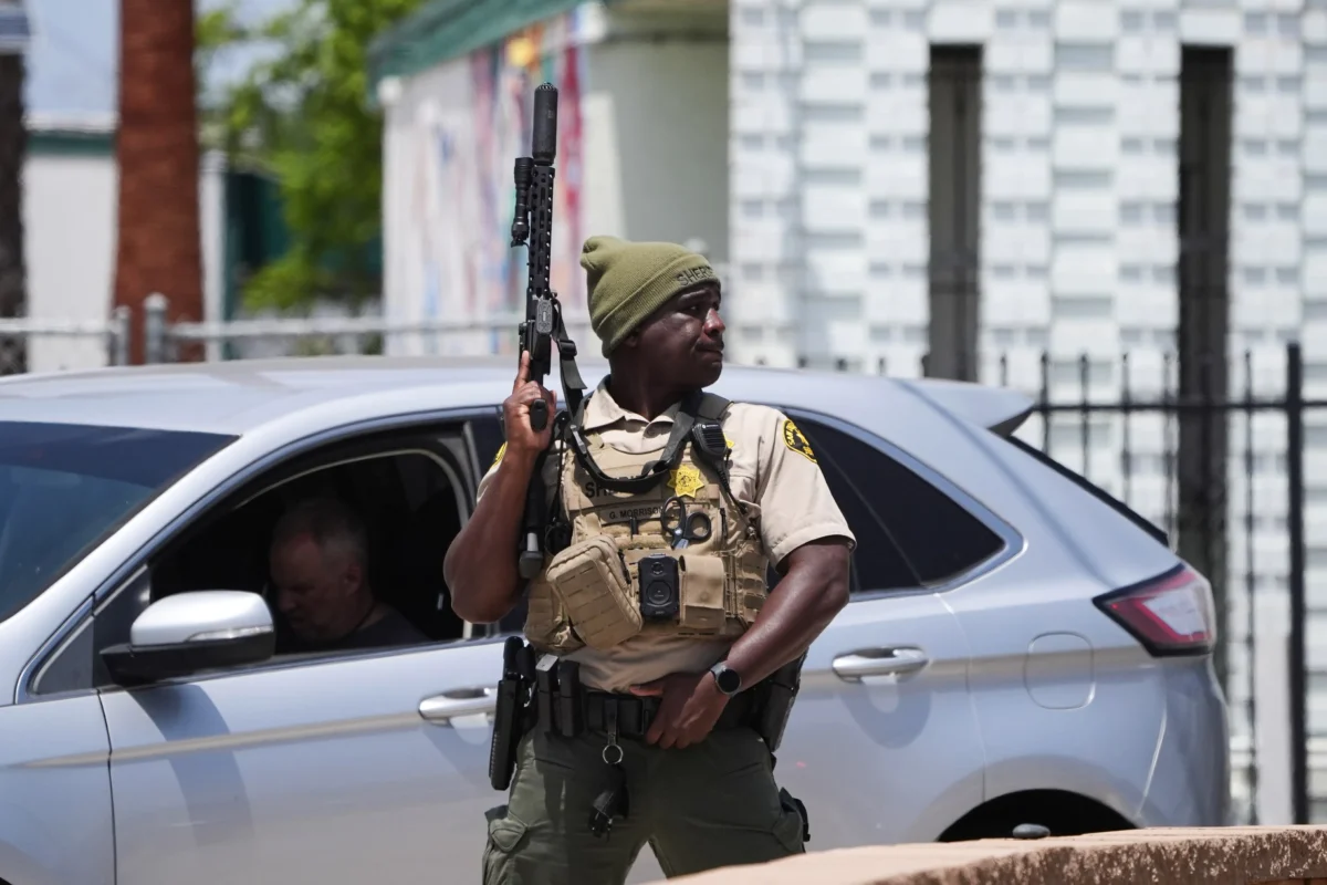 A sheriff's deputy stages at the scene of a shooting outside the Islamic Center of San Diego in San Diego on May 18, 2026. (Gregory Bull/AP Photo)