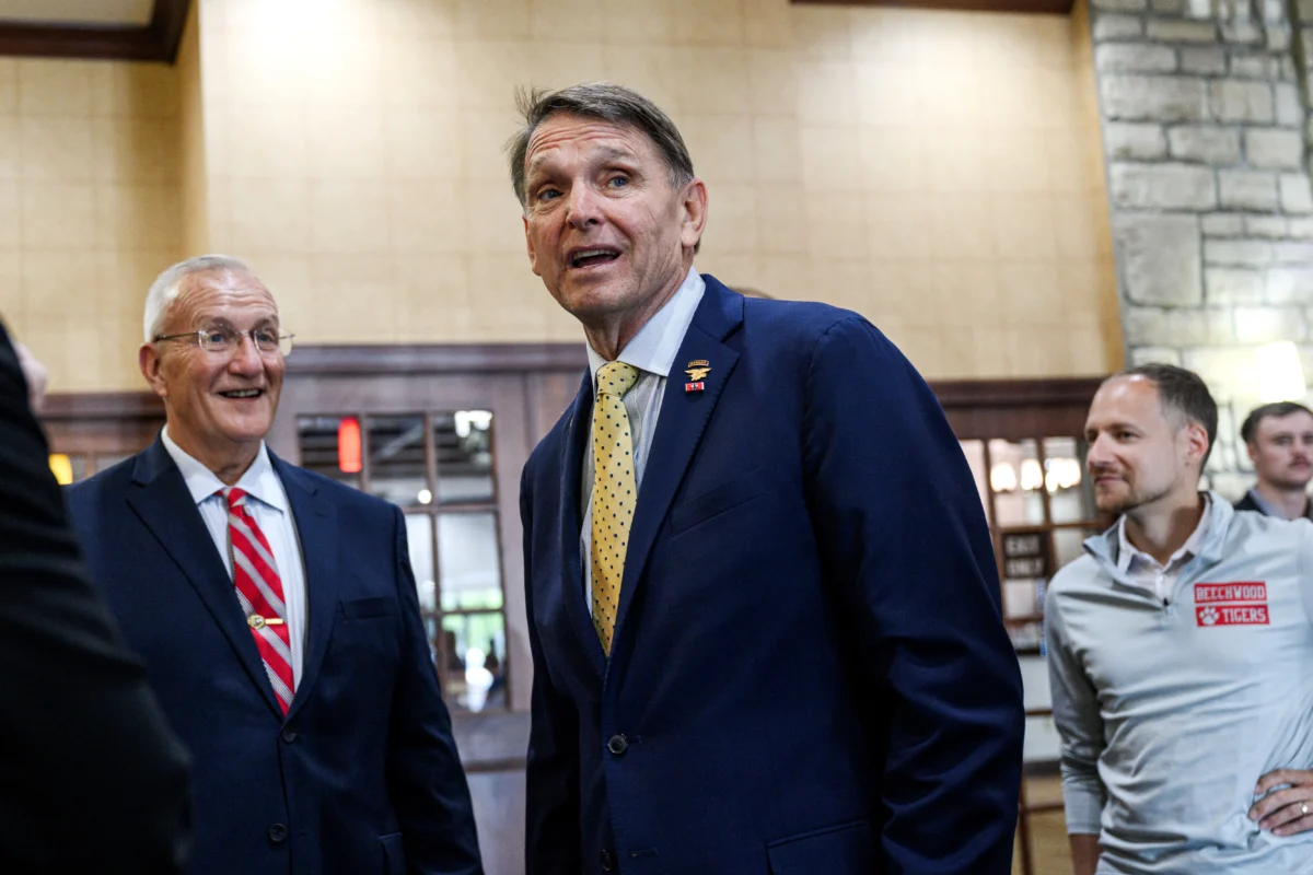 Ed Gallrein, Republican congressional candidate for Kentucky, speaks with supporters ahead of an America First Workers Special Event in Hebron, Ky., on May 18, 2026. (Jon Cherry/Getty Images)