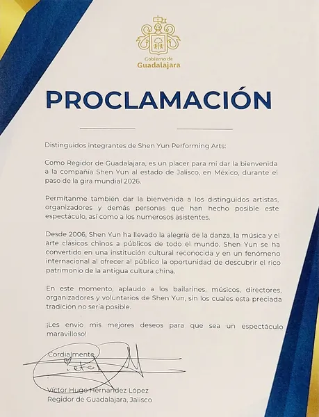 A letter of commendation was sent by Víctor Hugo Hernández López, a city council member from Guadalajara, Jalisco, Mexico. (Lily Yu/ The Epoch Times)