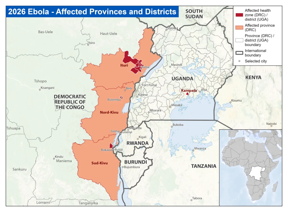 The Ebola Bundibugyo outbreak in the Democratic Republic of the Congo, as of May 23, 2026, has been confirmed in Ituri, Nord-Kivu, and Sud-Kivu provinces. Five cases related to the DRC outbreak also have been reported in Uganda's capital of Kampala. (Supplied/CDC)