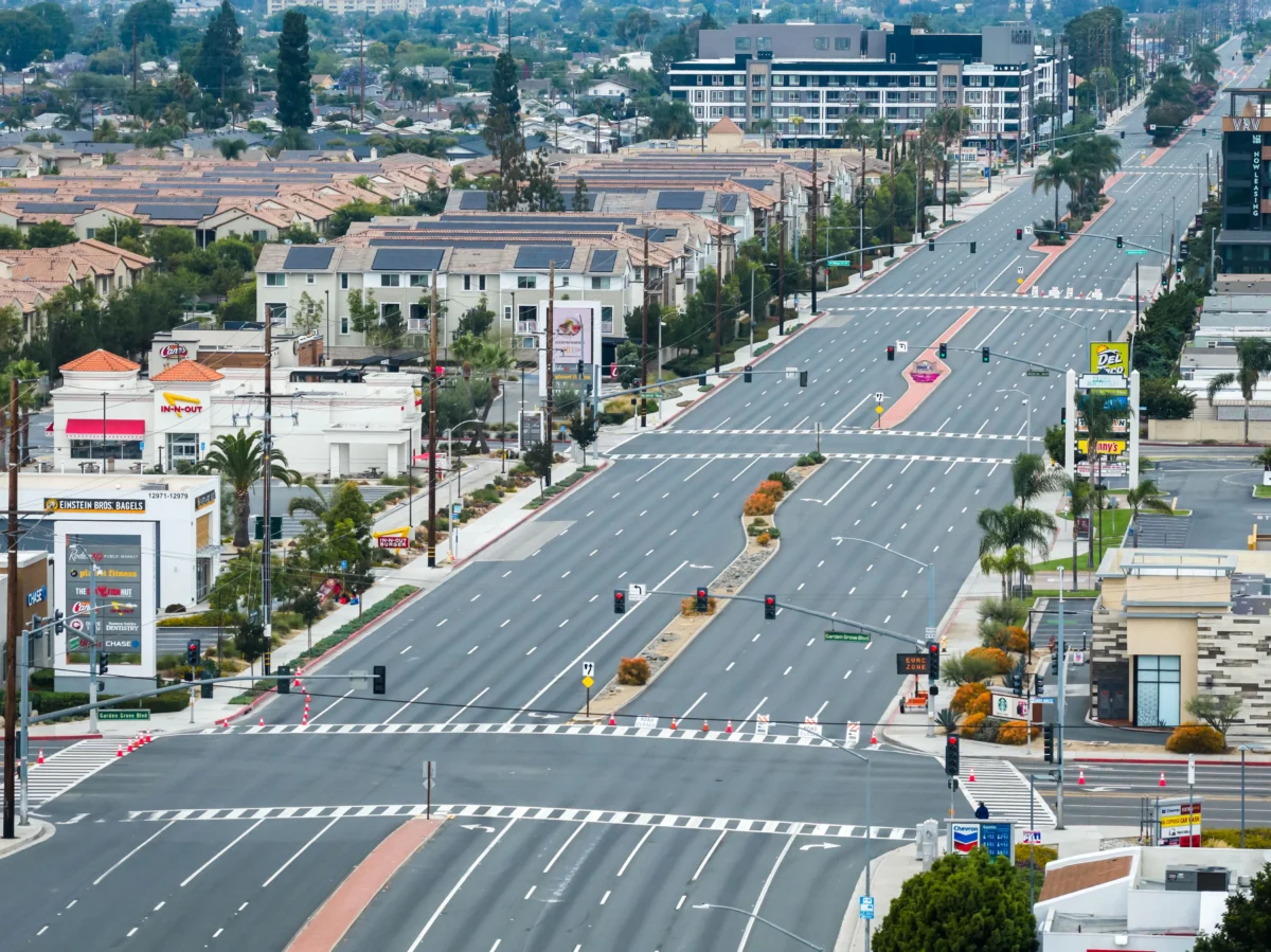 The streets remain empty in Garden Grove, Calif., on May 24, 2026, after a storage tank containing a chemical used to make plastic parts overheated Thursday at an aerospace plastics facility. (Ethan Swope/AP Photo)