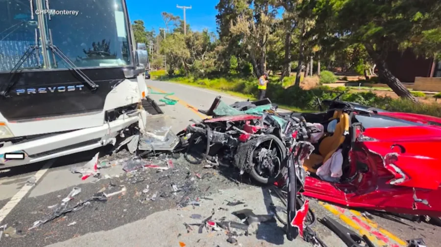 Tour Bus Hit Head-on by Corvette in California