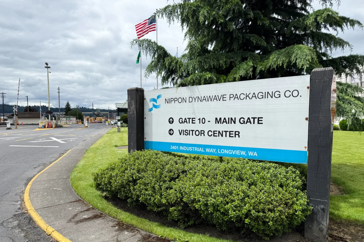 The exterior of the Nippon Dynawave Packaging Co. is shown after a tank containing hazardous liquid imploded in Longview, Wash., on May 26, 2026. (Claire Rush/AP Photo)