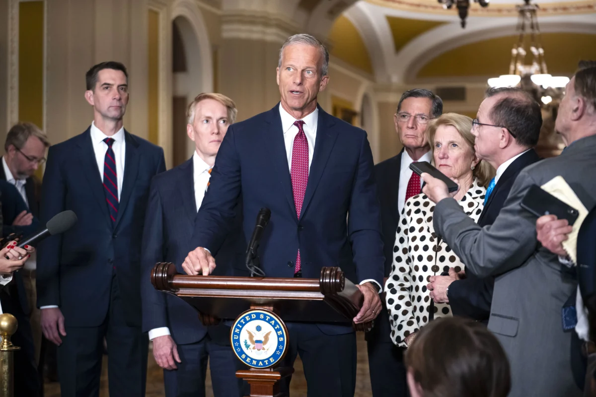 Senate Majority Leader John Thune (R-S.D.) speaks to members of the press in Washington on April 14, 2026. (Madalina Kilroy/The Epoch Times)